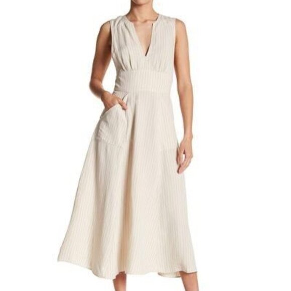 Free People Size XS Pretty Daze Striped Linen-Blend Sleeveless Midi‎ Dress Ivory - Picture 1 of 8